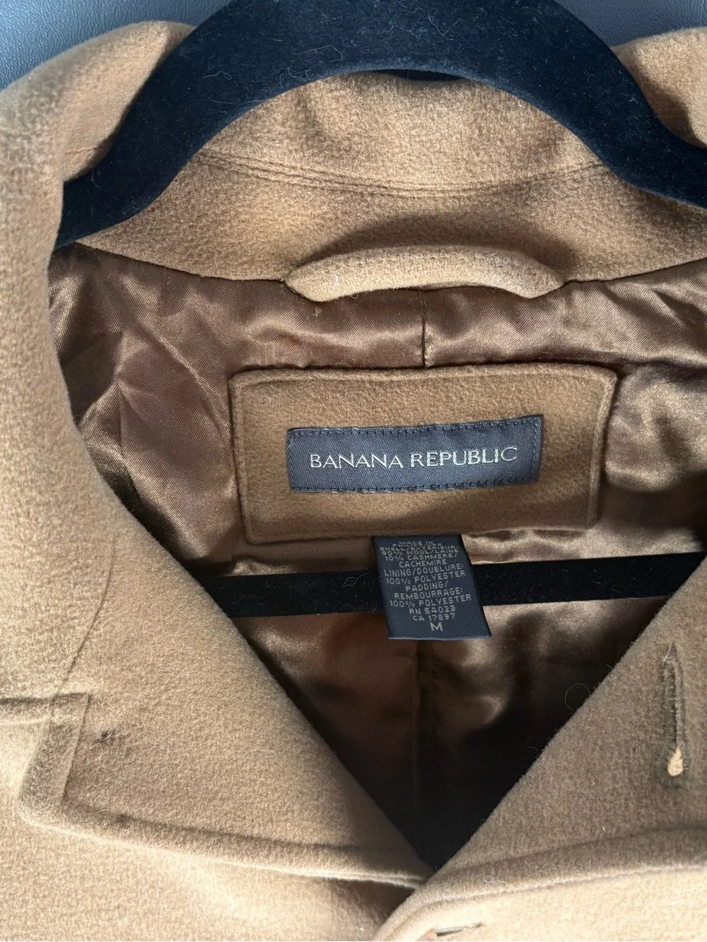 Banana Republic Men’s M (42) Tan Wool Pea Coat Lined Cashmere blend